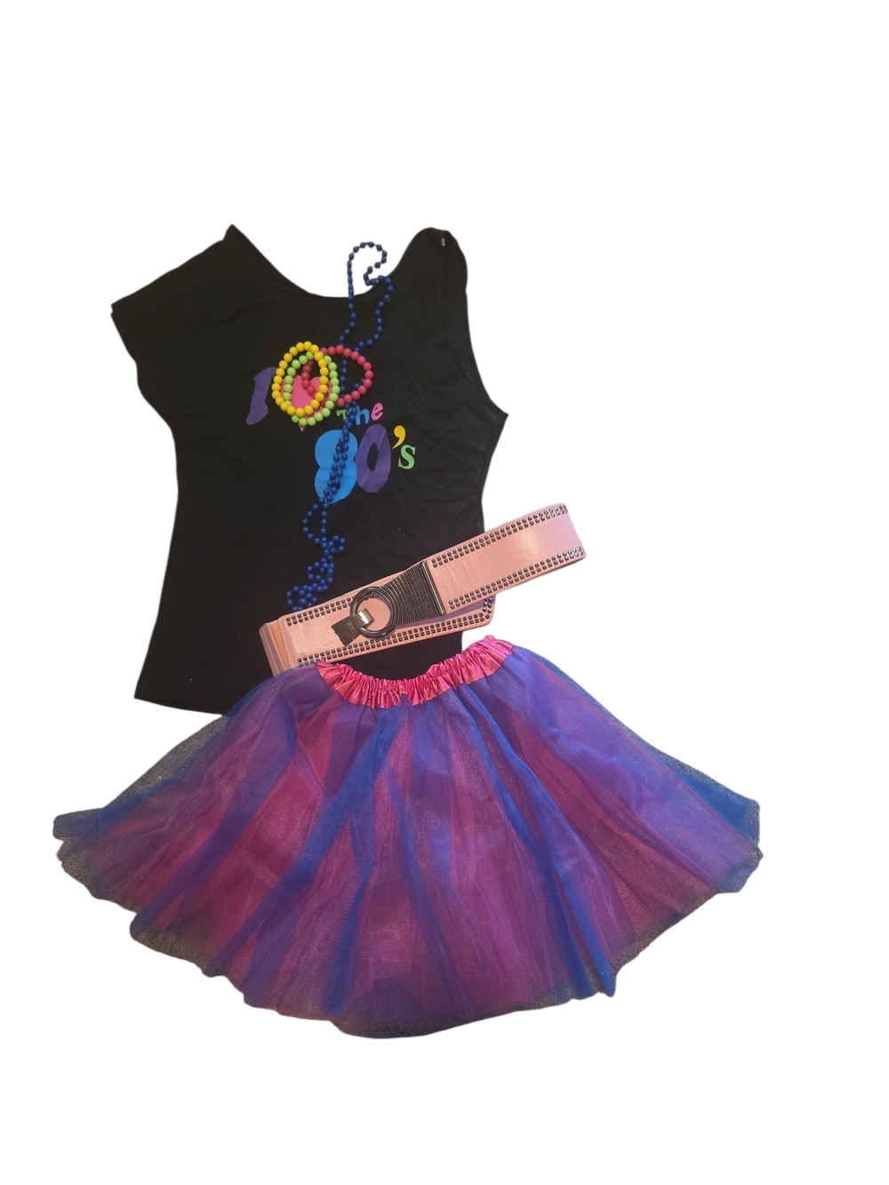 Girls 80s Neon Tutu Costume Set - Black Top with Pink, Purple & Blue Tulle Skirt